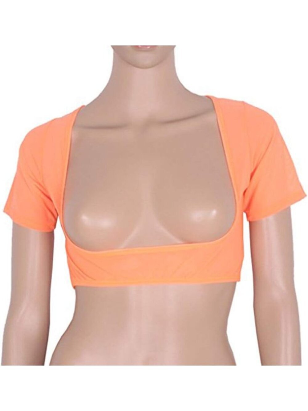 〽️Women's Orange Mesh Open Bust Square Neck Short Sleeve Belly Dance Crop Top